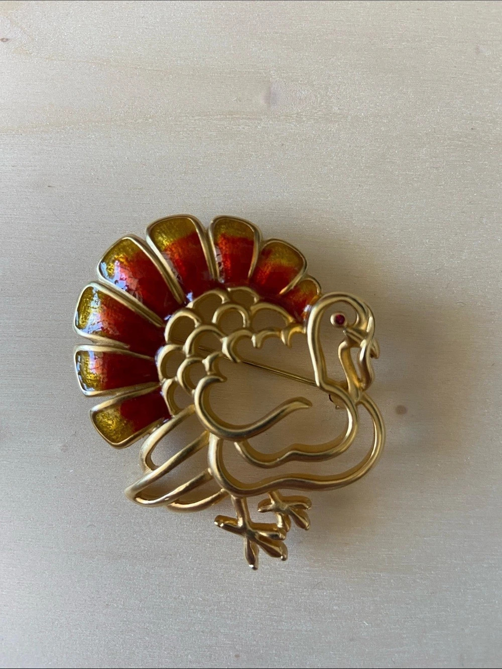 Turkey Brooch in Gold & Red Thanksgiving Vintage 2 inch